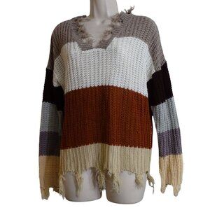 Runway 7 Striped Knit Sweater Brown Tan Frayed Hem V-Neck Women Size M Acrylic